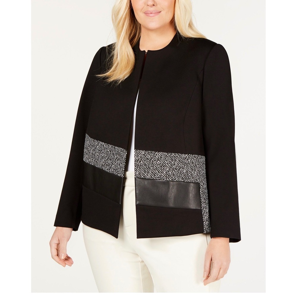 NWT-Calvin Klein Faux Leather & Tweed Blazer Jacket |‎ Size